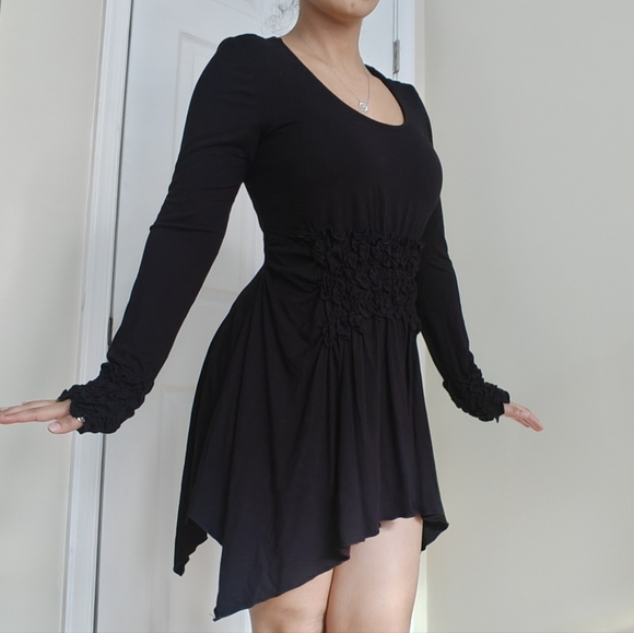Dusak Designs XS Black Smocked Ruched Mini Dress Ruffle‎ Handkerchief Hem Witchy - Picture 1 of 9